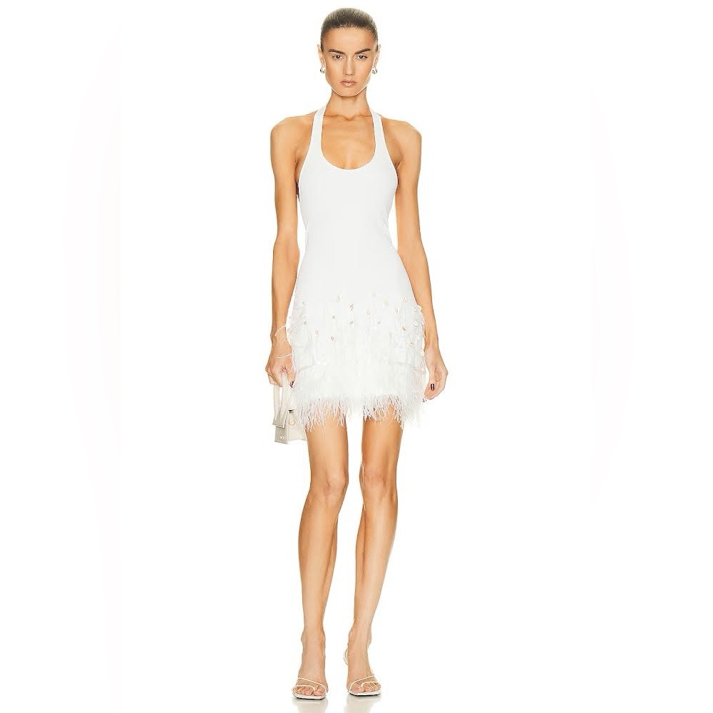 STAUD Haylee White Sea Shell and Feather Mini Dress - Bridal Bachelorette